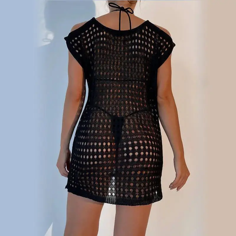 Oem Custom Hollow Out Cut-out Dot V-neck Button Knitted Summer Beach Sundress Elegant Sexy Casual Mini Dress Women