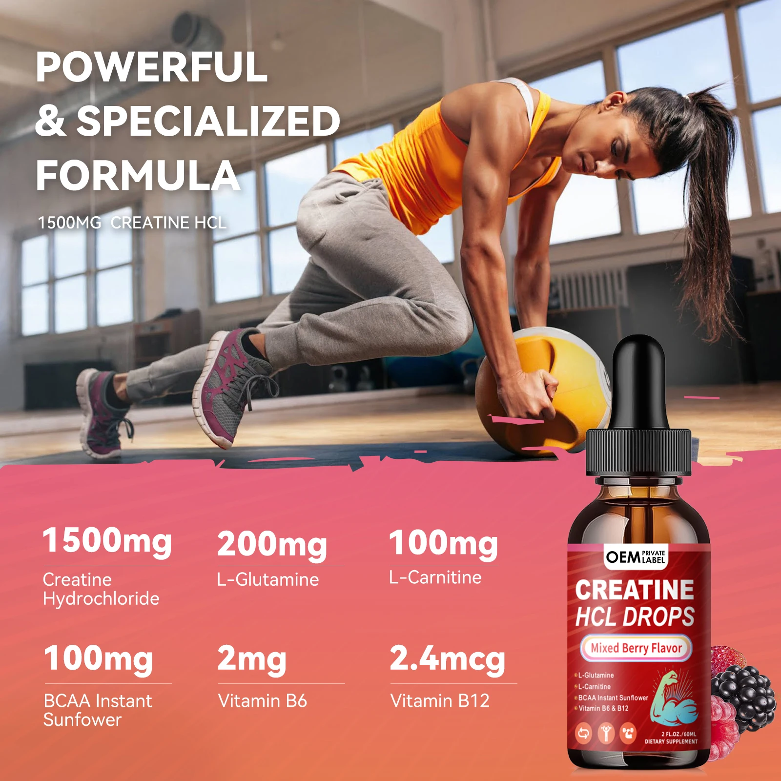 Creatine HCL Liquid Drops Creatine Hydrochloride with L-Carnitine L-Glutamine BCAA Vitamin B12 B6 Muscle Growth Recovery-Vegan