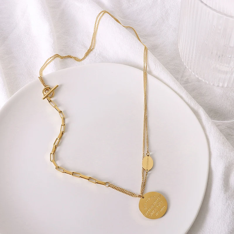Ot Buckle English Letter Round Plate Pendant Necklace, Stainless Steel Jewelry 18K Gold Plated Chain