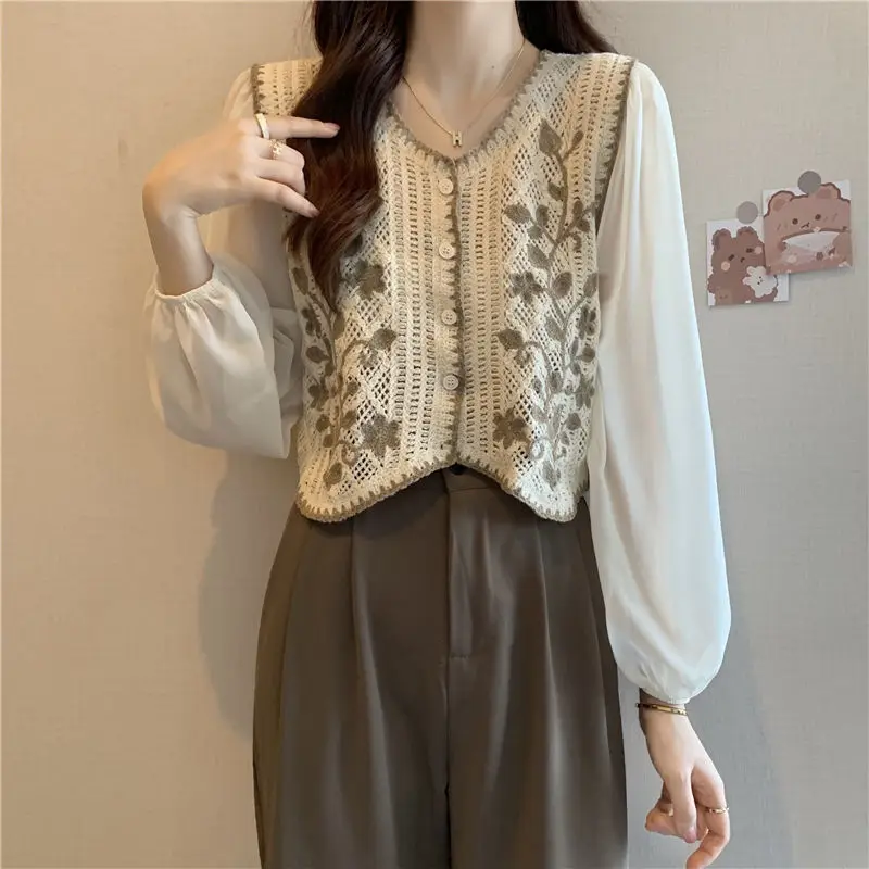 Wholesale New Chiffon Bubble Long Sleeve Stitching Hollow Knit Shirt Design Sense Niche Crochet Autumn Chic French Top Woman