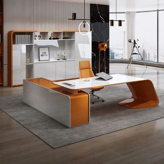 Luxury white MDF glossy CEO ergonomic corner modern high end home executive manager desk with side drawers l-shape office desk