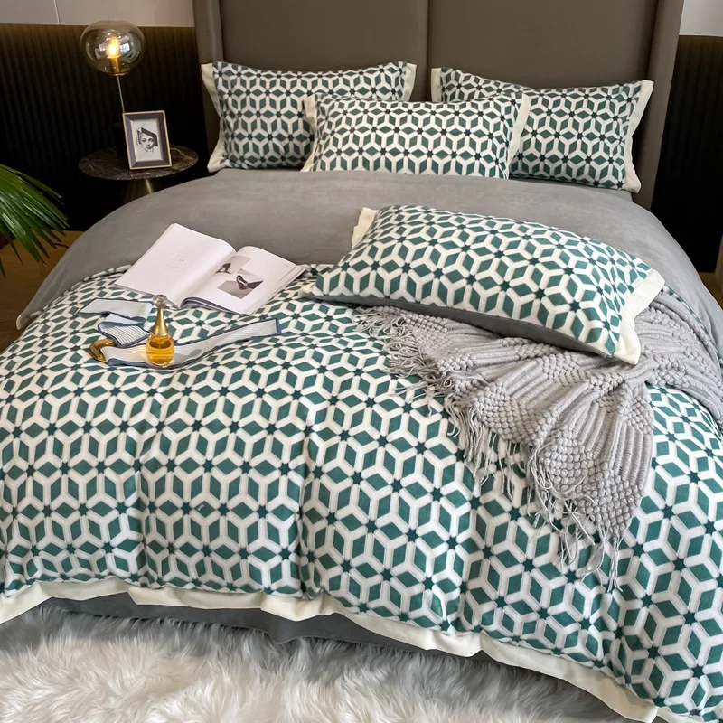 Light luxury thick milk coral fleece four-piece suit winter warm double-sided flannel duvet double plus velvet high-end bedding