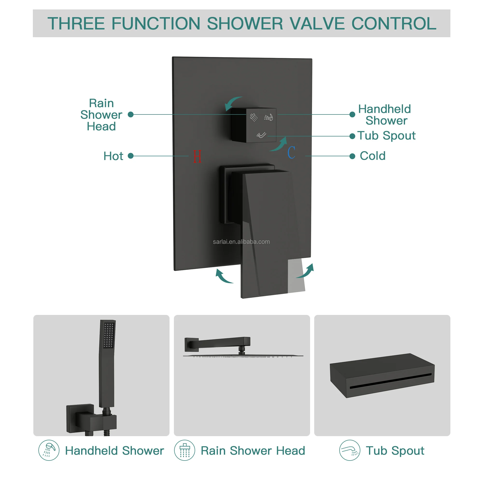 Black All Copper Square Flush Mounted Wall Shower Shower Set Three Function Embedded Shower Faucet