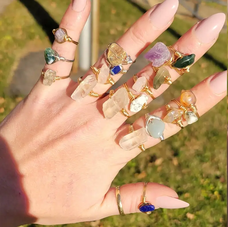 Minimalist irregular raw stone Healing crystal Wire Wrapped Amethyst carnelian gemstone ring