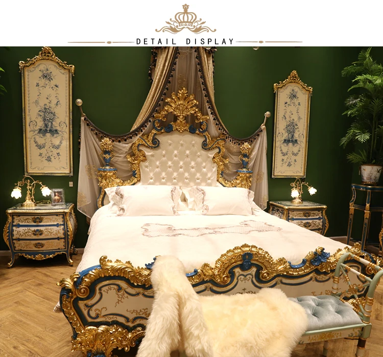 Yips LD-1508-1333B Emperor Blue Style Handpainted Gold-Leaf Pattern Bedroom Set Furniture 2m Deluxe Luxury Classical Bed