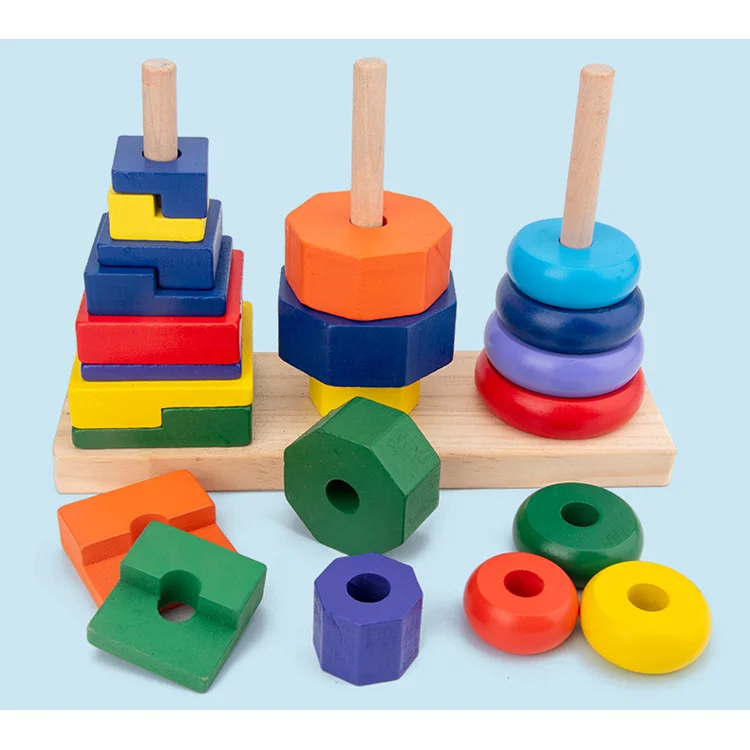 Разноцветная геометрическая форма Монтессори образовательные деревянные радужные башни многослойные блоки
