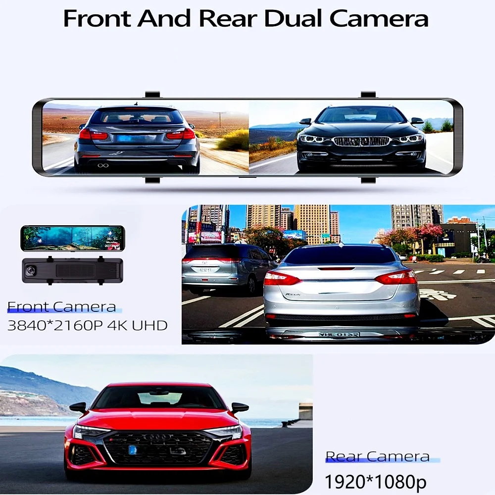 12 Inch 4K+1080P dual lens Rearview Mirror Car Dvr Video Recorder reverse dash camera dash cam front and rear 4k With GPS WiFi