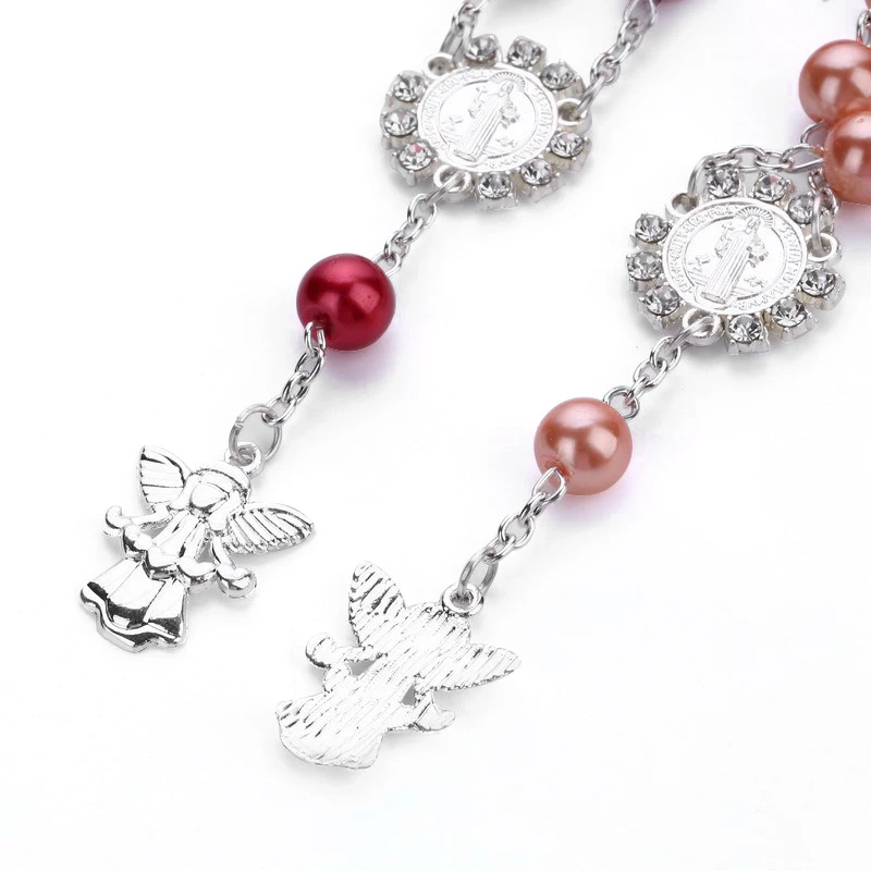Religious colorful Jewelry Catholic Holy Communion Sublimation Rosary Bracelet Angel Pendants Baptism Gift