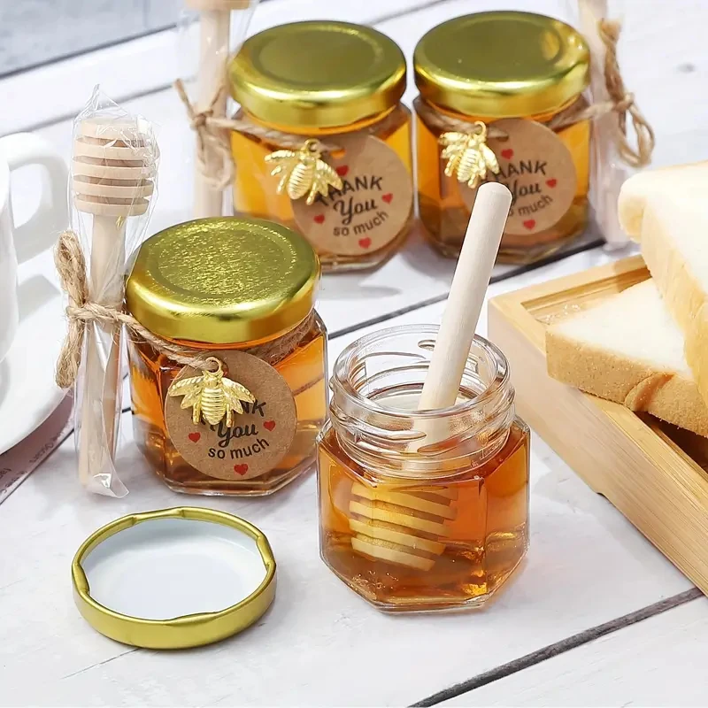 High quality 1.5oz 45ml Hexagonal Honey Jars Luxury Mini Glass Honey Jars with Dippers