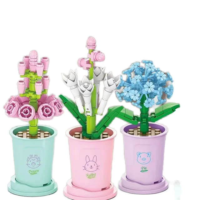 Lele Brother DIY Mini Lucky Blossom Potted Plant Building Blocks 12 Models Flowers Puzzle Toys for Girls Gift Box Packed