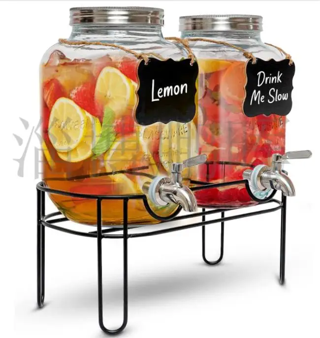 Glass Dual Beverage Dispenser Set 2 Gallon Glass Beverage Jar with Metal Rack for Wedding Juice Tea Lemonade Distribution