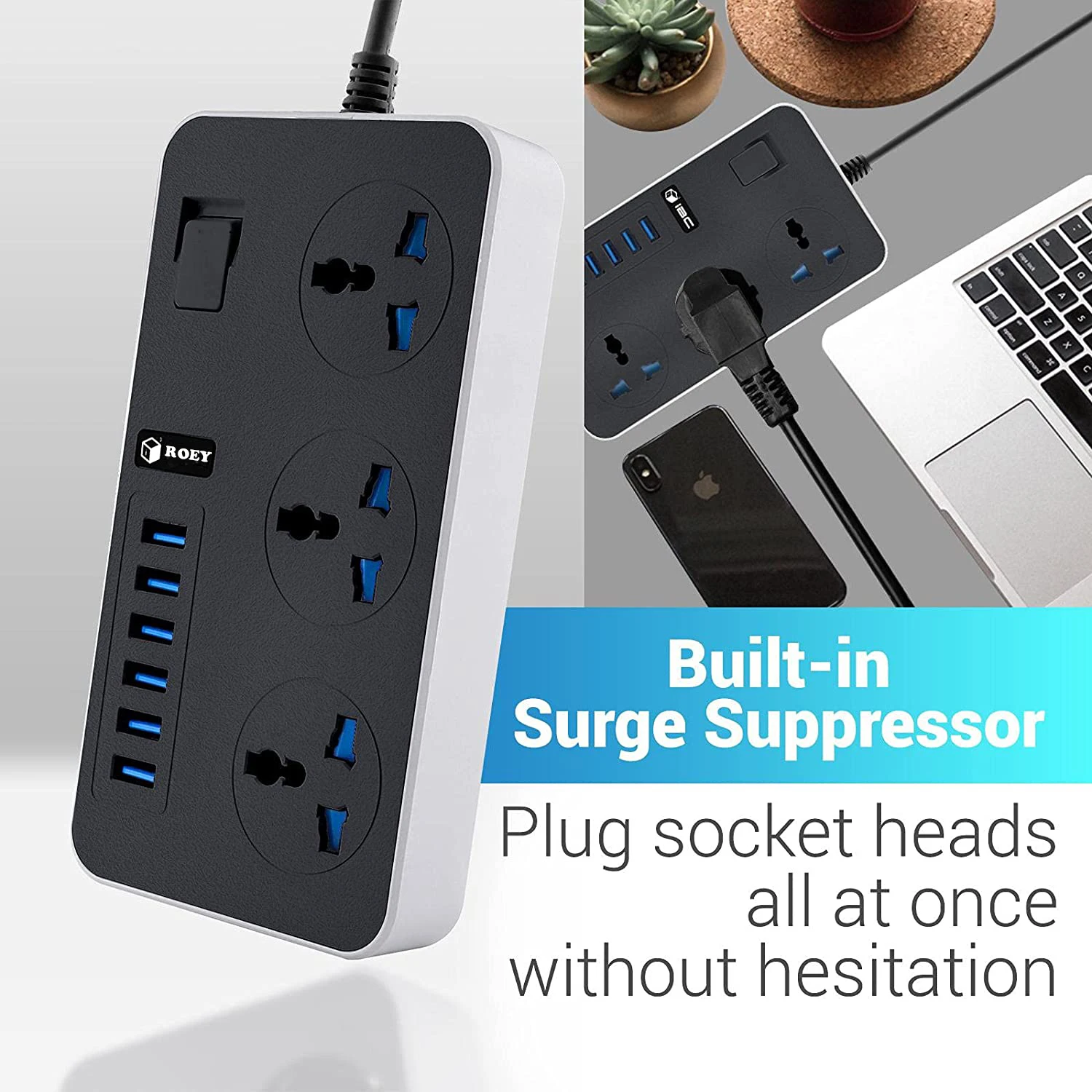 Universal Extension Lead with 6 USB Ports/2 Meter Cable Power Strip Surge Protector/3 Way Gang Power Socket