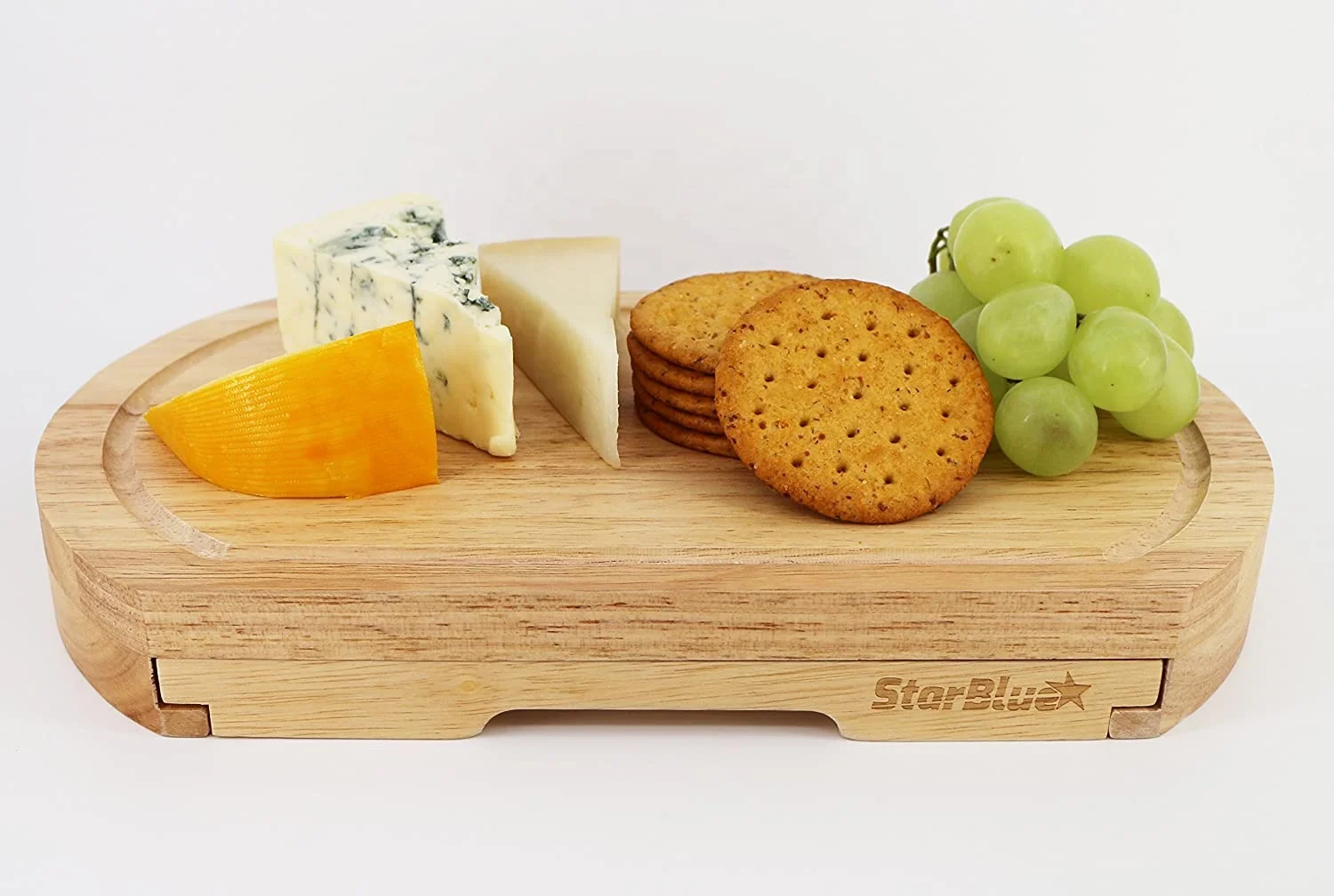 Cheese Board Set by StarBlue - with 4 Knives and Slide Out Drawer | Large Oak Wooden Cheese and Platter Cutting Serving Plate