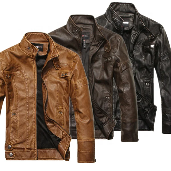 Men fashion casual fleece lined classic motorcycle race pu leather jacket