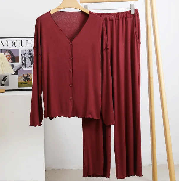 Explosive spring new pajamas women cotton long sleeve cardigan wooden ear edge casual can wear long sleeve home suit