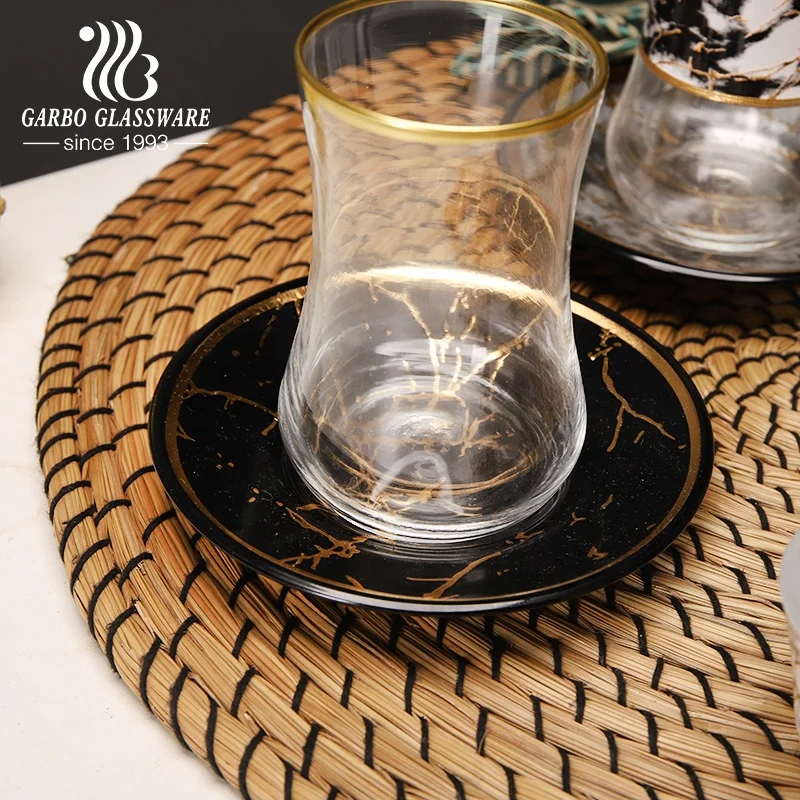 Tea glass cup with marble print saucer plate custom decal coffee drinking glasses tumbler set glassware table decoration cups