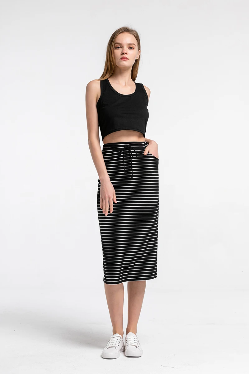Женская юбка-карандаш до колен, эластичная длинная юбка в полоску со средней талией и шнуровкой