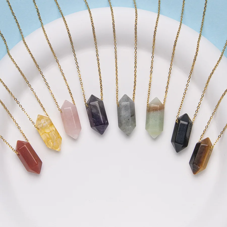 Mixed Natural Gemstone Crystal Healing Double Terminated Point Wand Necklace Pendant With Gold Plated Stainless Steel Chain