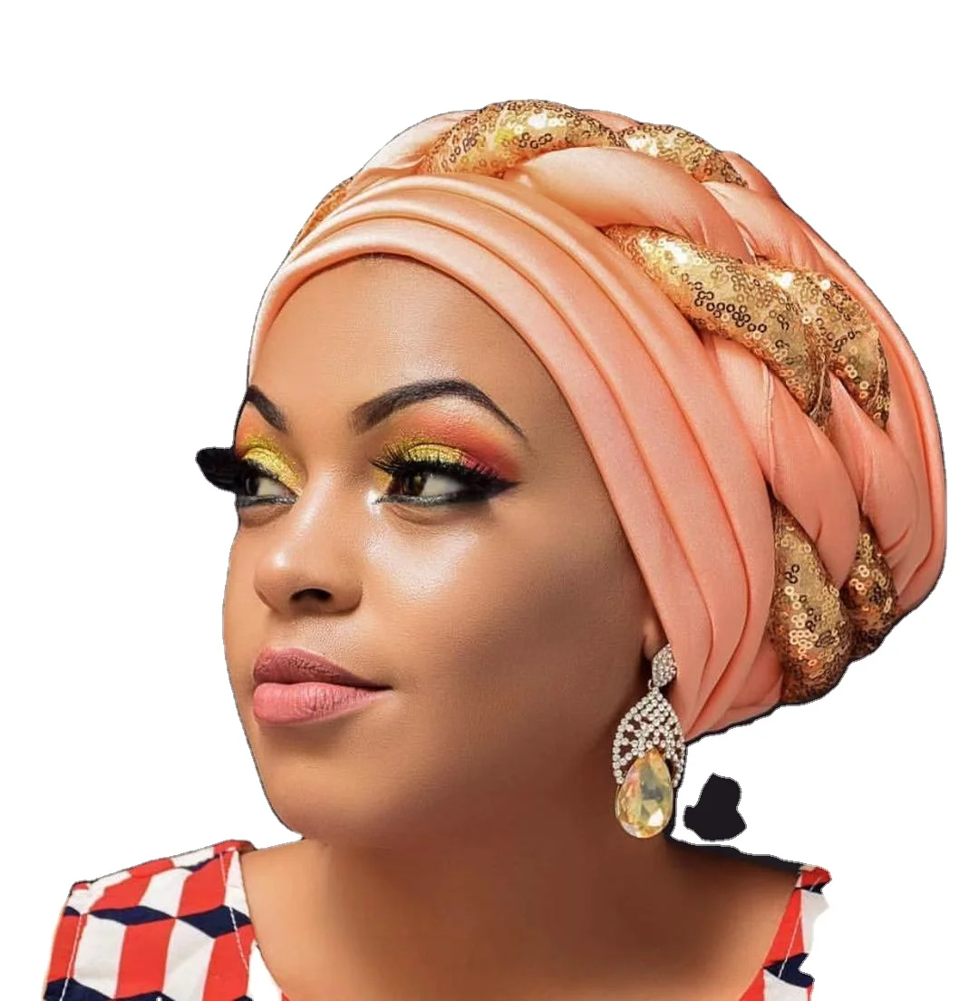 GEERDENG Hot Sales African Nigerian Female Popular Golden Head Wrap Beads Hat Muslim Women Satin Silk Twist Braid Hair Turban