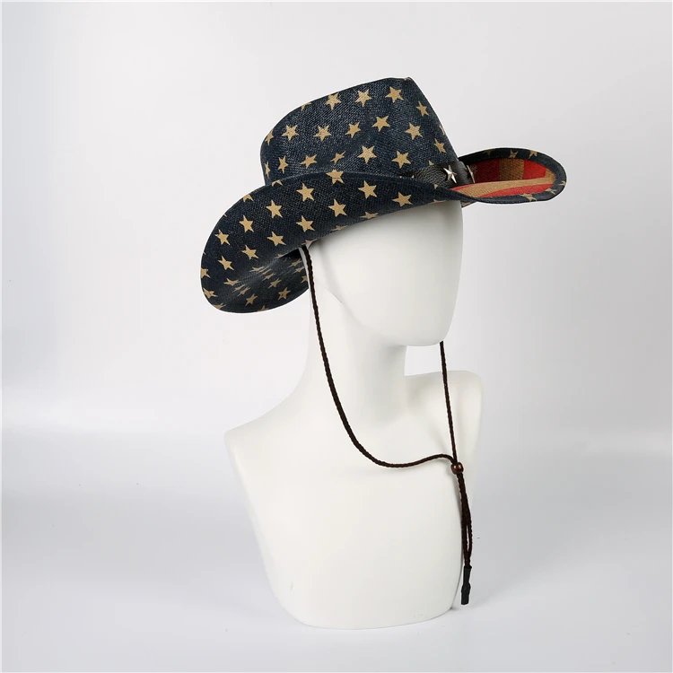 Classic American Flag Western Vintage Summer Sunhat Western Style Cowboy Straw Hat Flag
