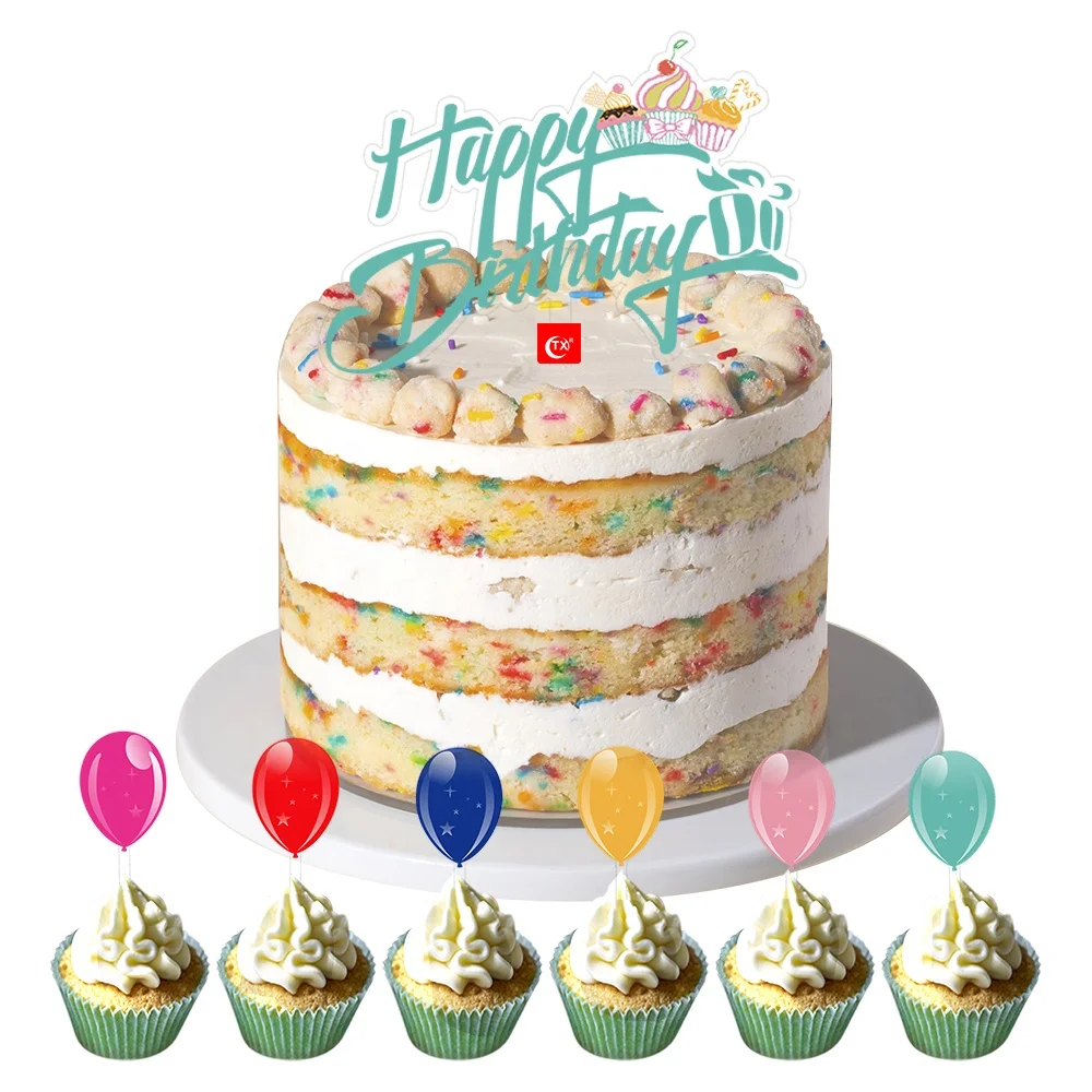 TX Baking Tools Cake Decoration Balloon Heart Cartoon Happy Birthday Banner Acrylic Cake Topper Set For Party Supplier In China