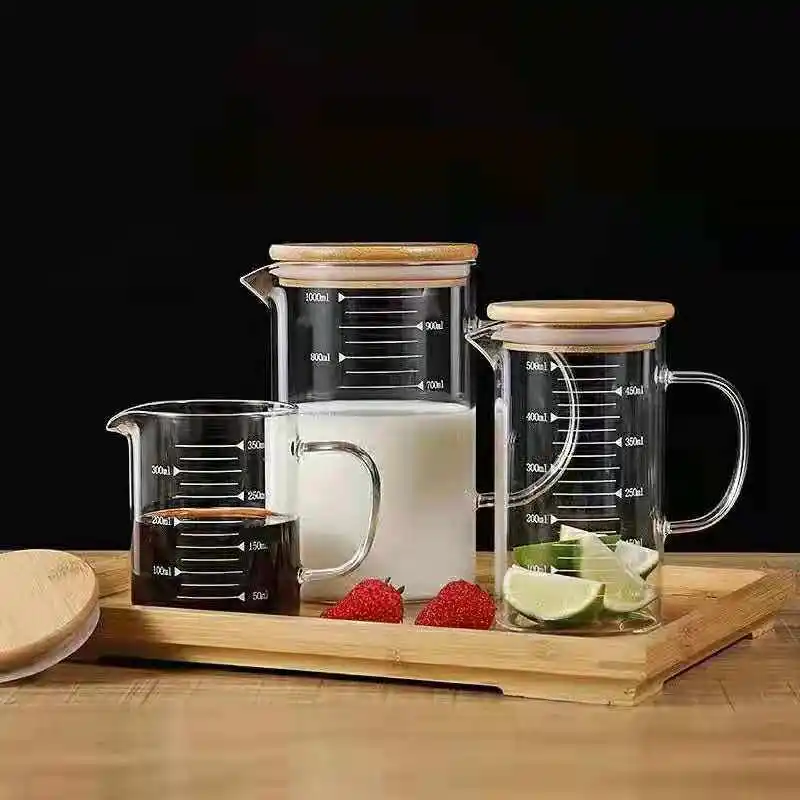 Безопасный для микроволновой печи прозрачный высокоборосиликатный мерный кувшин стеклянный мерный стакан с бамбуковой крышкой