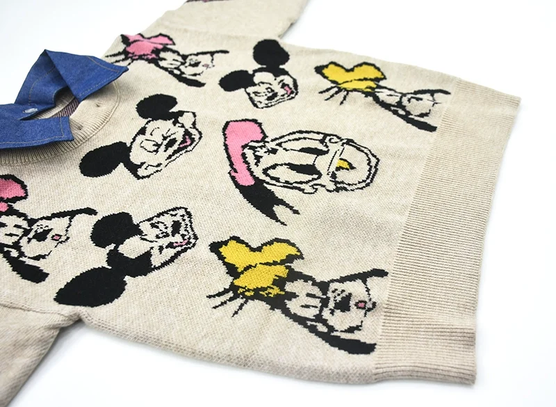 Baby cotton custom Mickey Mouse pattern knit pullover with removable denim collar
