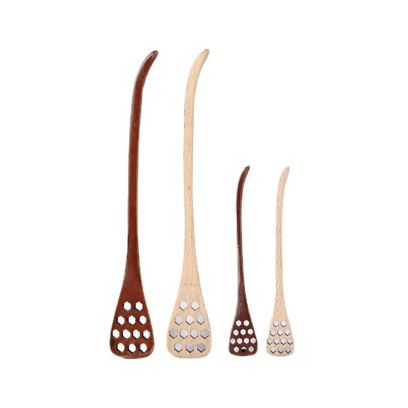 Custom Logo carved Long Handle Wood Honey Olive Jam Jar Mixing Stirring Spoon Sticks Wooden Coffee Honey Dipper With Hole