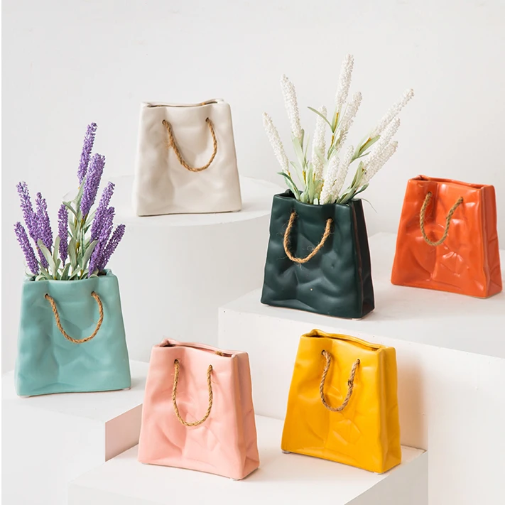 OEM Wholesale Custom Creative Morandi Matte Colors Ceramic Handbag Bag Shape Flower Vase