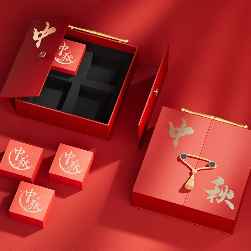 Custom logo chinese mooncake box mooncake 2023 packaging hard gift box of 4 luxury box mooncake premium hotel