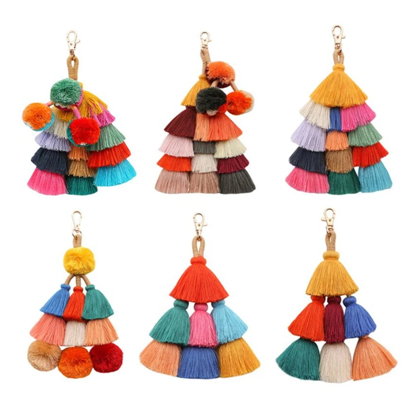 Boho Bag Pendant Bohemian Multi Color Tassel Bag Charm Pom Pom Purse Charm Handbag Charm Pompom Key Chain Tassel Keychain