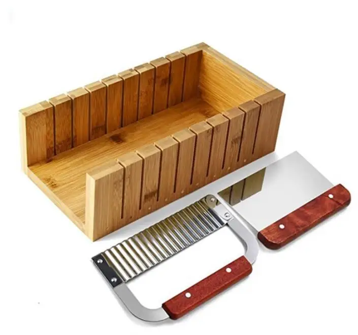 Soap Loaf Making Cutting Molds Kit with Silicone Mold + Wood Box + Wooden Cutter Mold + Straight Wavy Stainless Steel Cutters