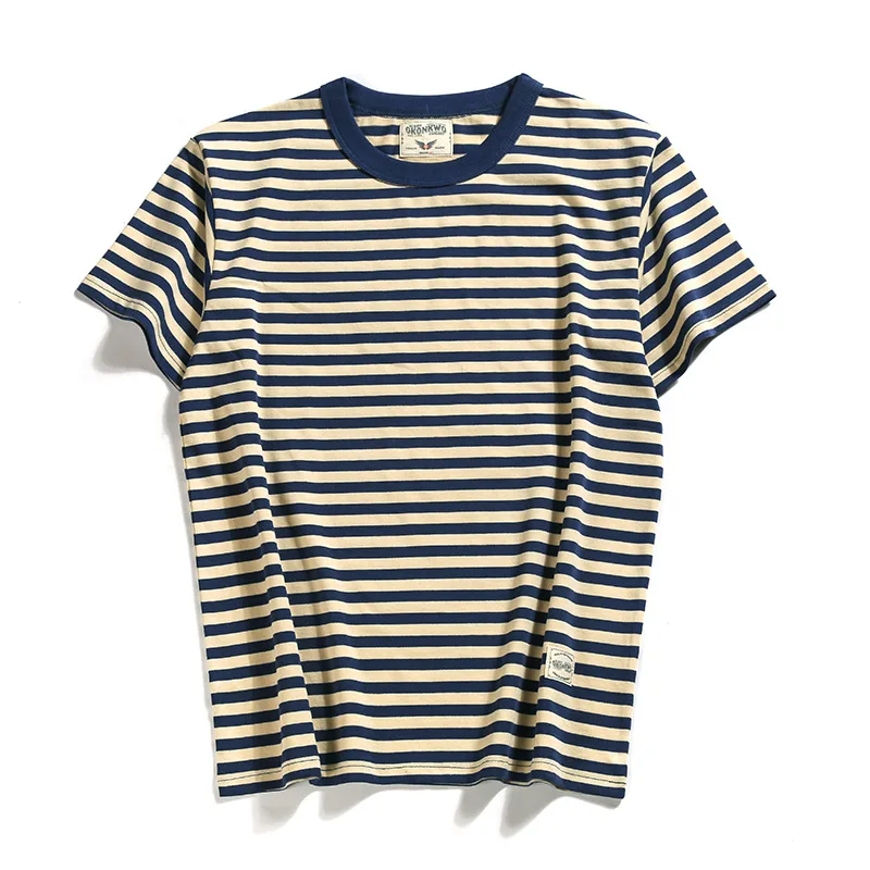 Wholesale popular across strip cotton t-shirts naval style plus size t-shirts high quality 100% cotton striped t shirt for men
