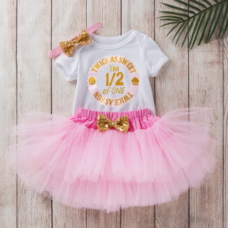 Baby Girls Half Birthday Party Romper Pink TUTU Skirt My Girl is on the Way to One Birthday Outfit infant Girl Bow Headband