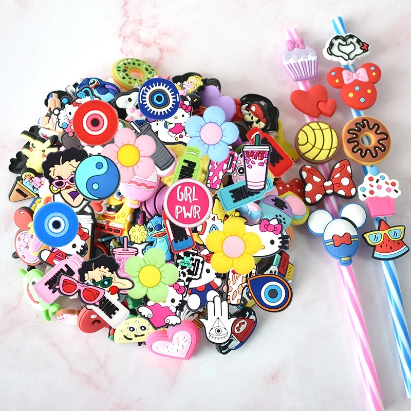 kawaii cartoon Straw Toppers pvc custom drinking straw toppers HK pink kitty cat straw cover charms toppers for Tumblers and Cup