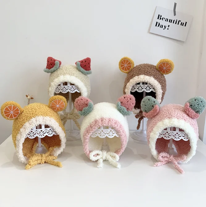 Autumn and winter cute super cute plush baby ear protectionhat thickened warm winter boys and girls wool hats