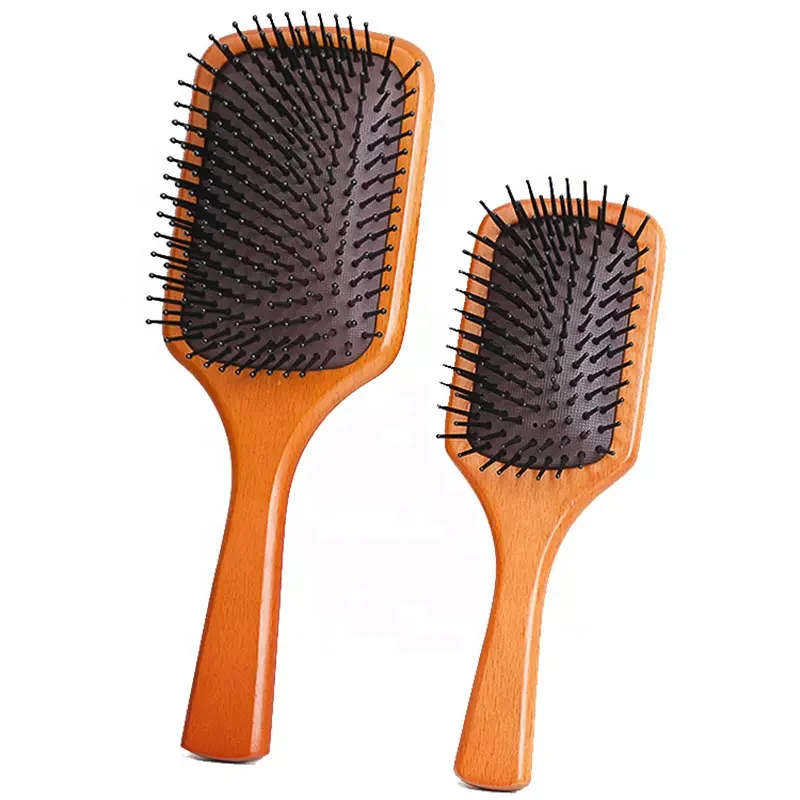 Natural Bamboo Wood Handle Massage Scalp Wooden Paddle Hairbrush Hair Brush Custom Label Antistatic Soft Bristle 100%  Supplier