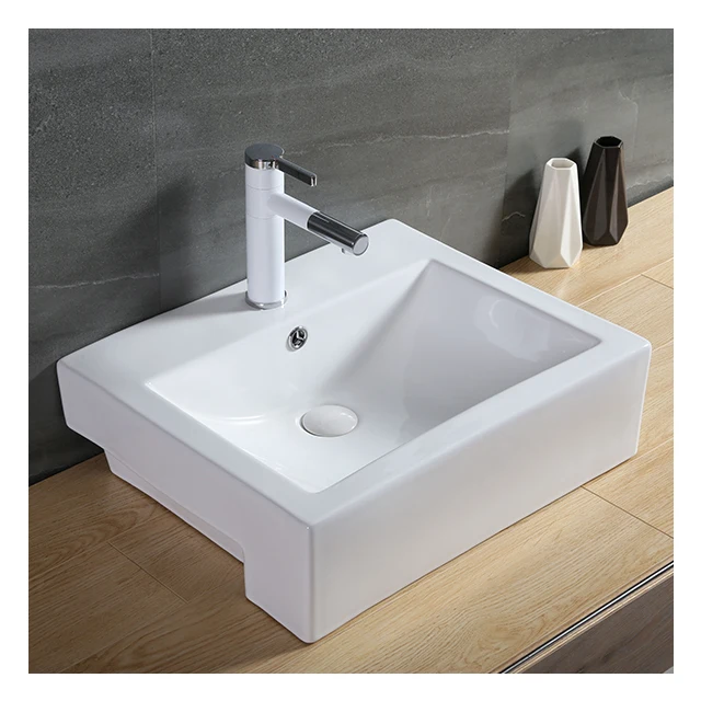 Bathroom Ceramic Sanitary Washing Basin Sink Semi Recessed Lavatory Basin With Faucet Hole