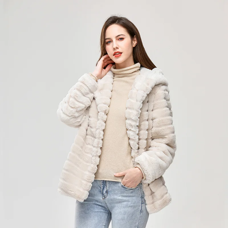 DAMOCHIC Wholesale Faux Fur Coats for Ladies Hooded Casual Loose Thermal Jacket Long Sleeve Winter Plus Size Mink Coat 2022