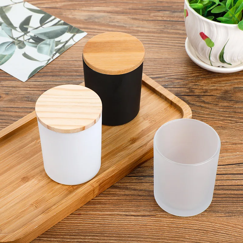 300ml matte black glass candle jar with natural color wood bamboo metal lid