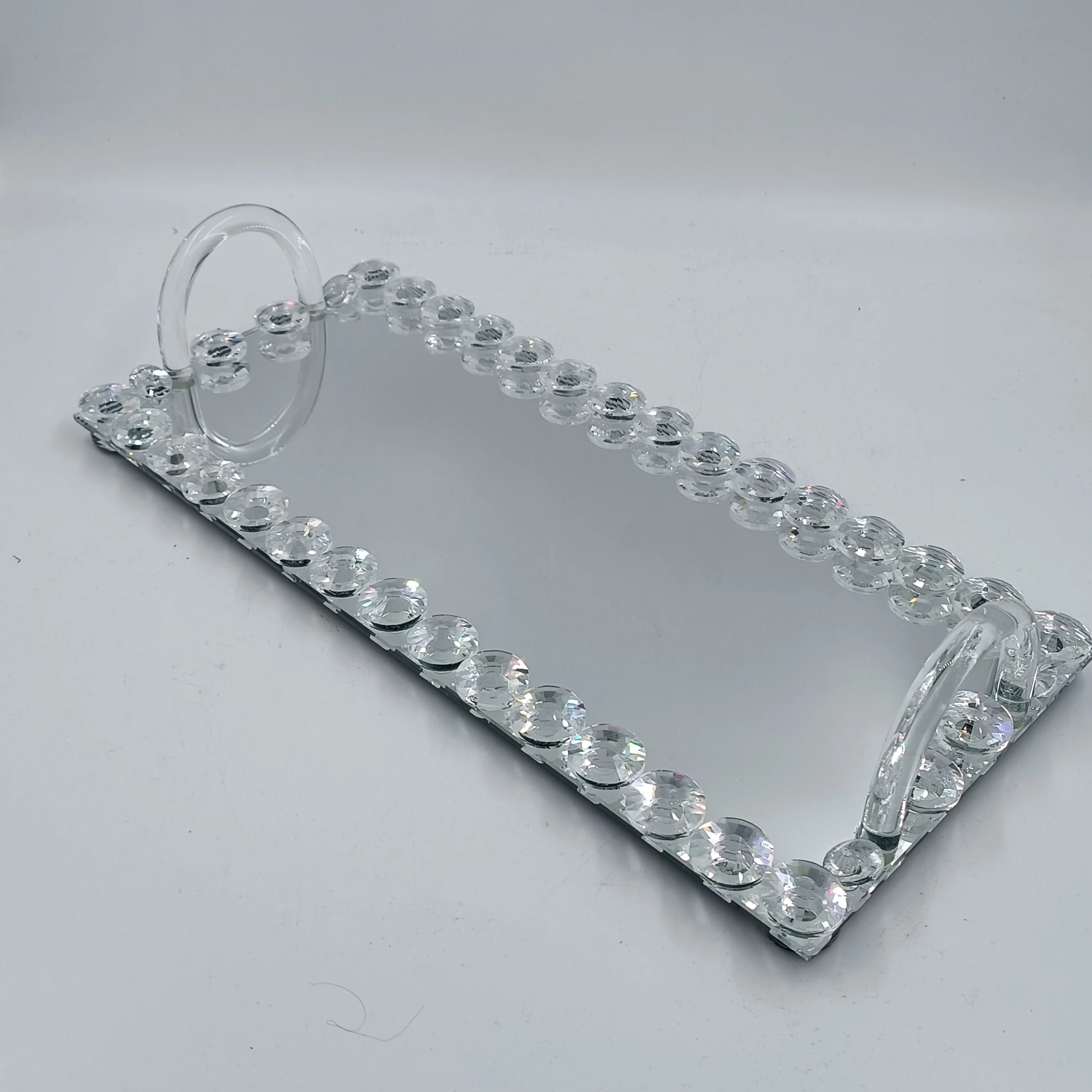 FOSUN glass tray with gold rim big size trays for food sweet cake transparent handle silver dishes display crystal tray
