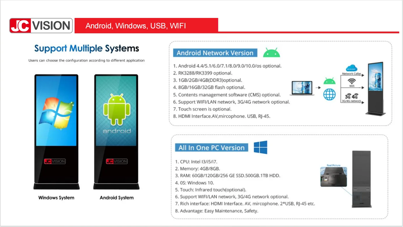 JCVISION Lcd Touch Screen Vertical Android 4K 43 55 65 Inch Digital Signage Kiosk Media Player