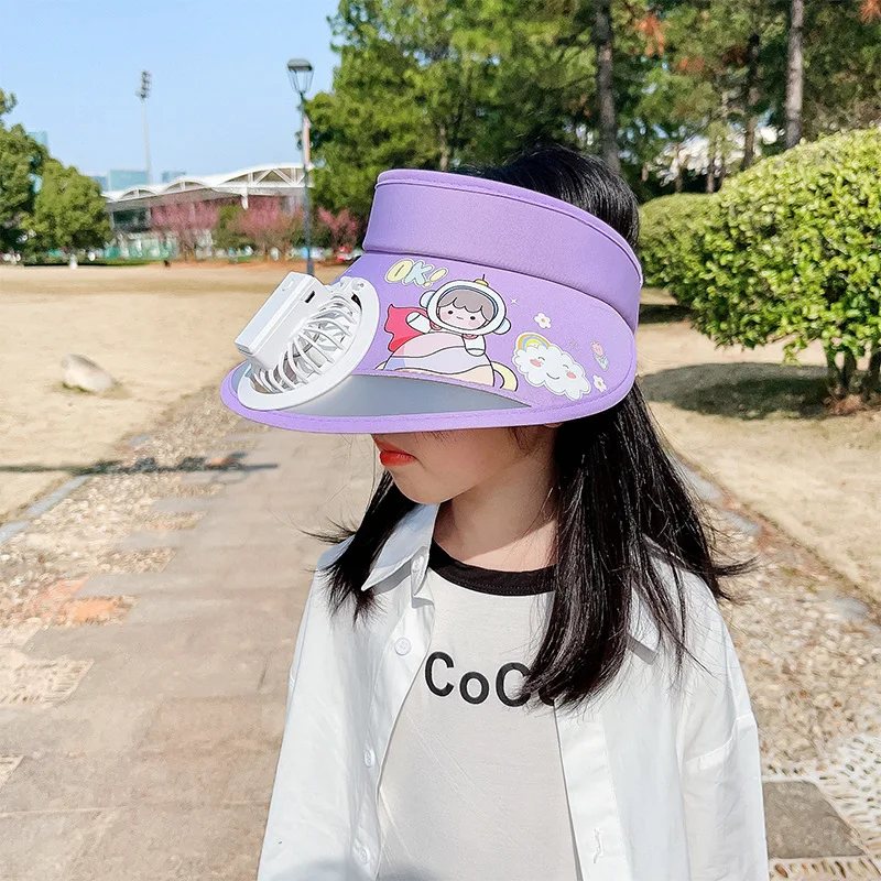 FF1096 Cartoon USB Chargeable Fan Cap UV Protection Wide Brim Visor Cap Women Men Kids Sun Visors Hat