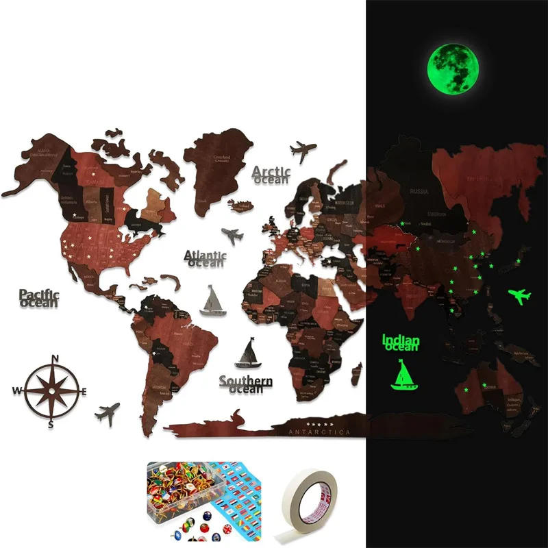 3D Glow  the Dark Wooden World Map Wall Art with Pins, Living Room/Office Large Wall Decoration, Travel Map,