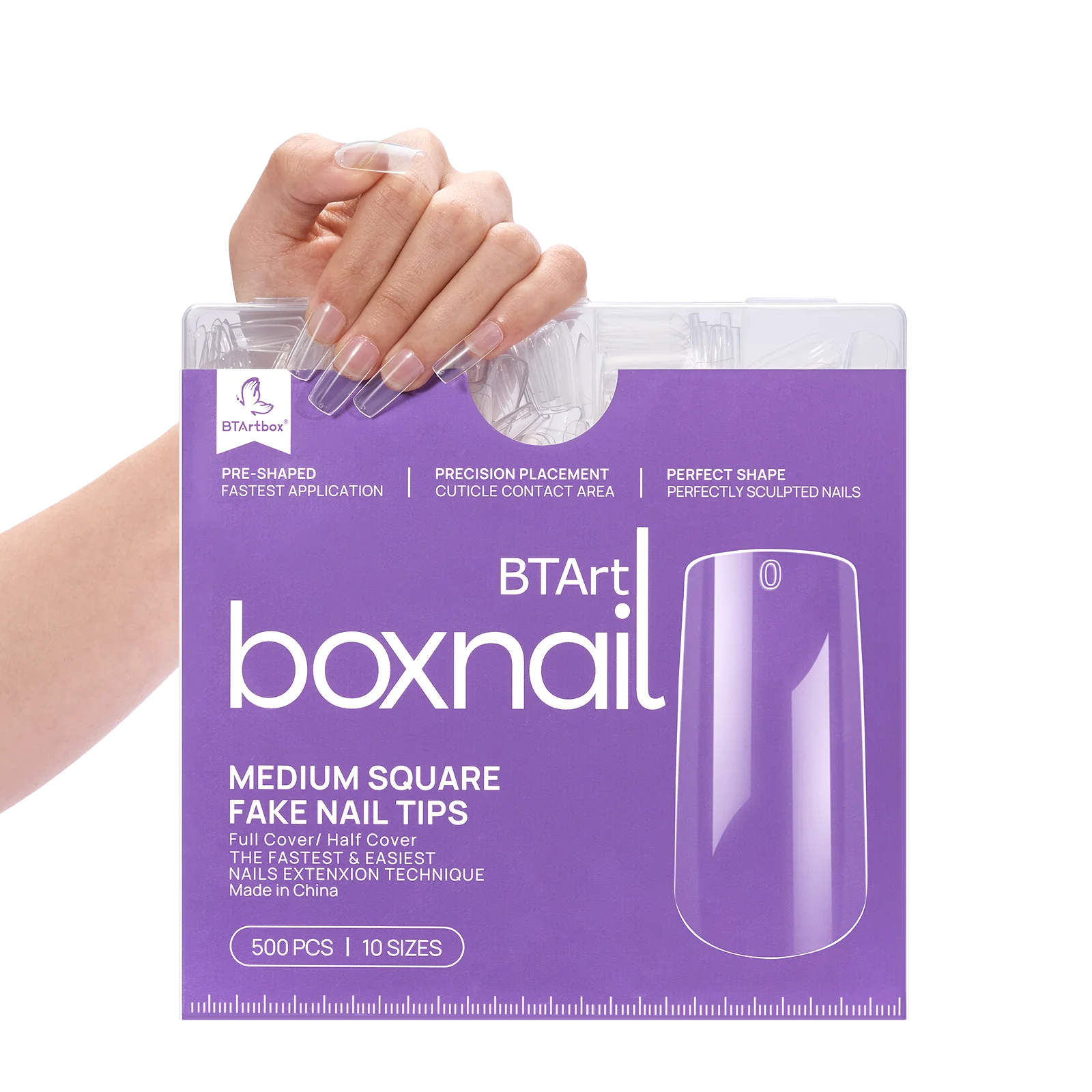 Предварительно обработанные накладные ногти btatbox 500 шт./кор. средние квадратные прозрачные с полным покрытием 10