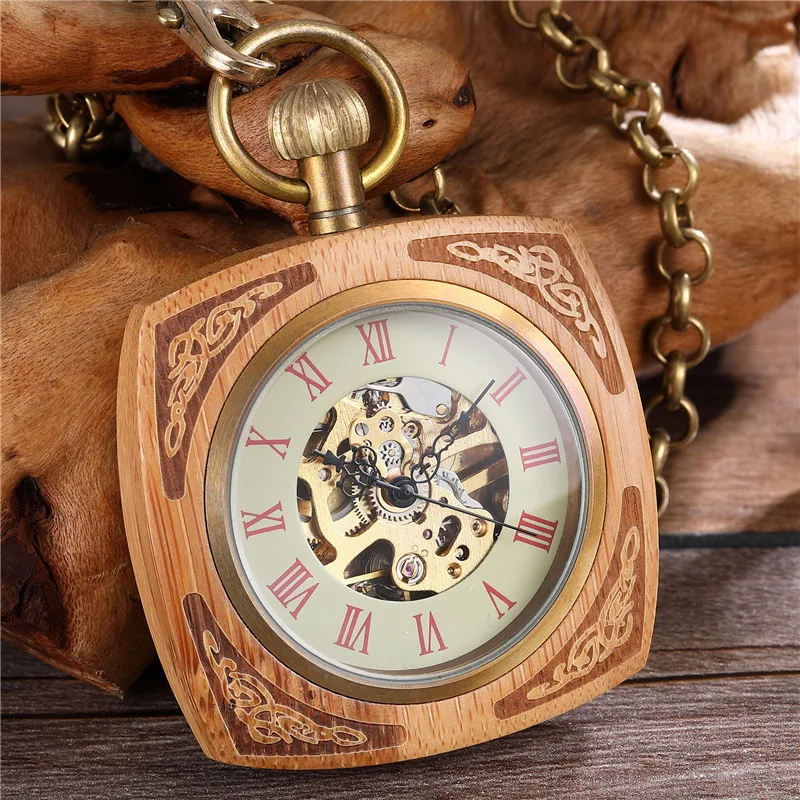 Without Cover Large Square Shape Red Sandalwood Zebra Wood Bass Two Tone Mechanical Pocket Watch