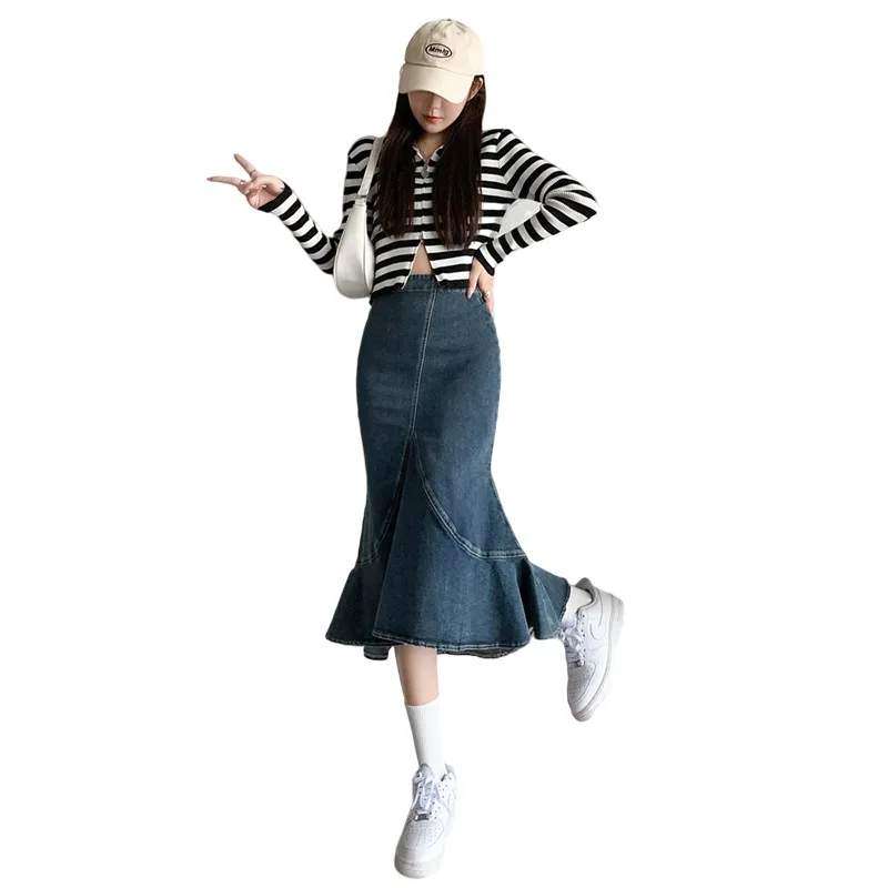 High-waisted denim fishtail maxi dress women summer 2022 hot girl design sense of small flouncy A-line skirt trend