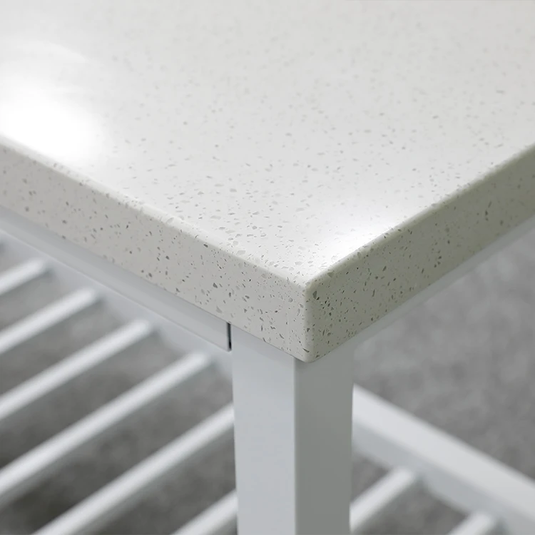 Stainless Steel Bathroom Vanity with Single Sink Quartz Top White Metal Base Open Shelf