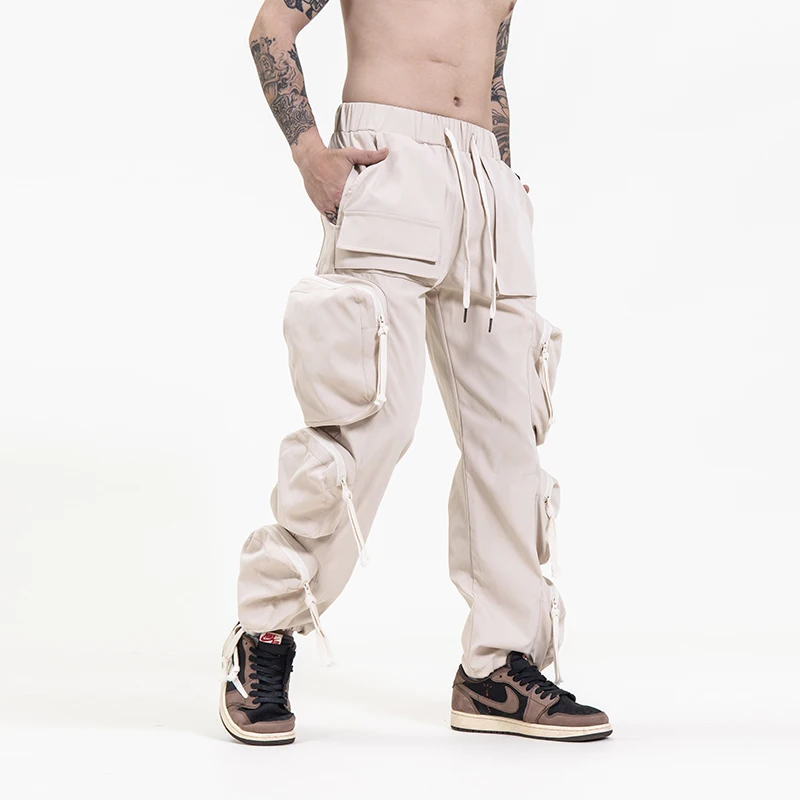 
Fashion streetwear drawstring zipper overalls six pocket wear resistant mens cargo pants 
