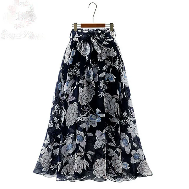 
Vintage floral print chiffon skirts women Sprint Summer korean A line Pink streetwear high waist ladies midi skirt 